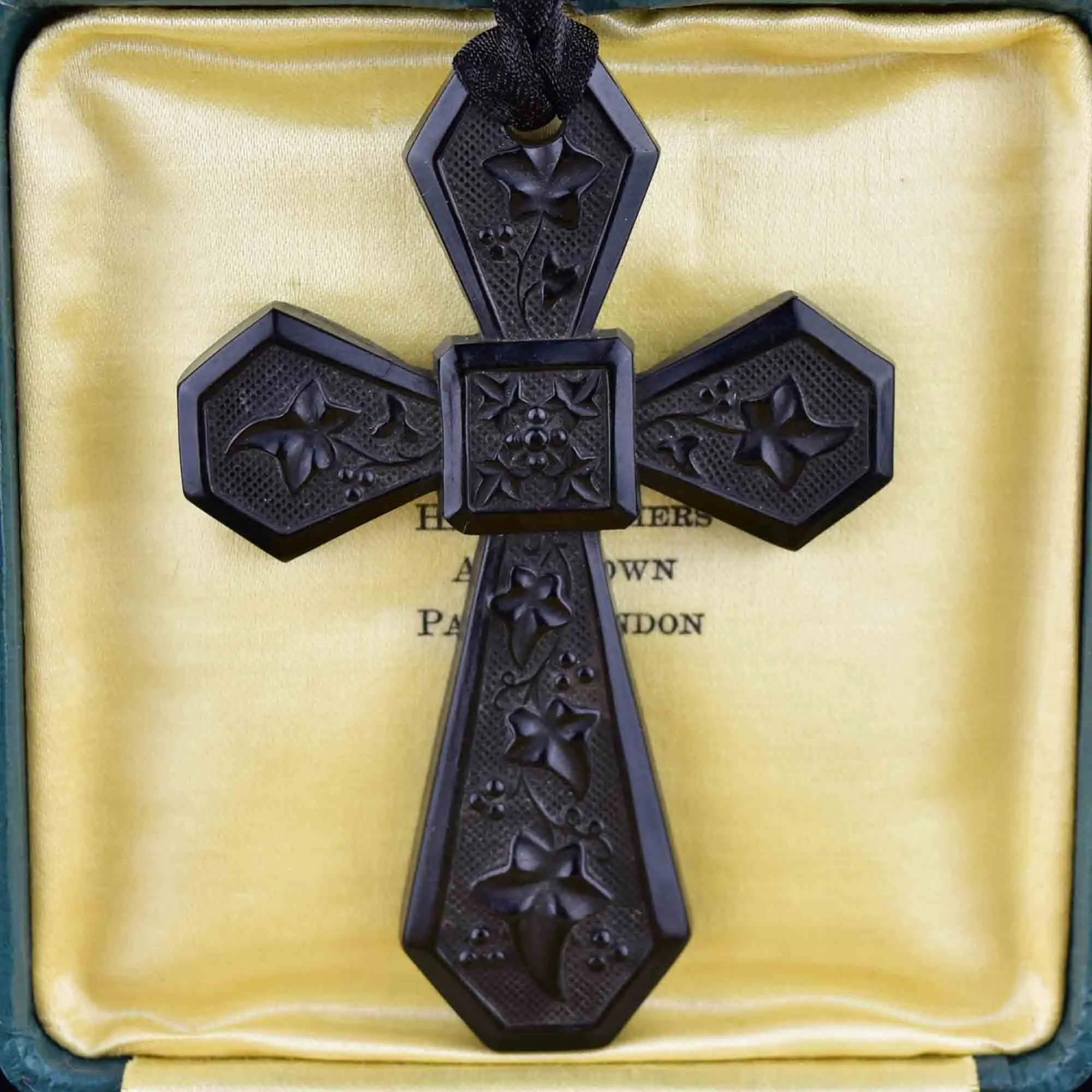 Large Victorian Vulcanite Ivy Leaf Cross Pendant Necklace