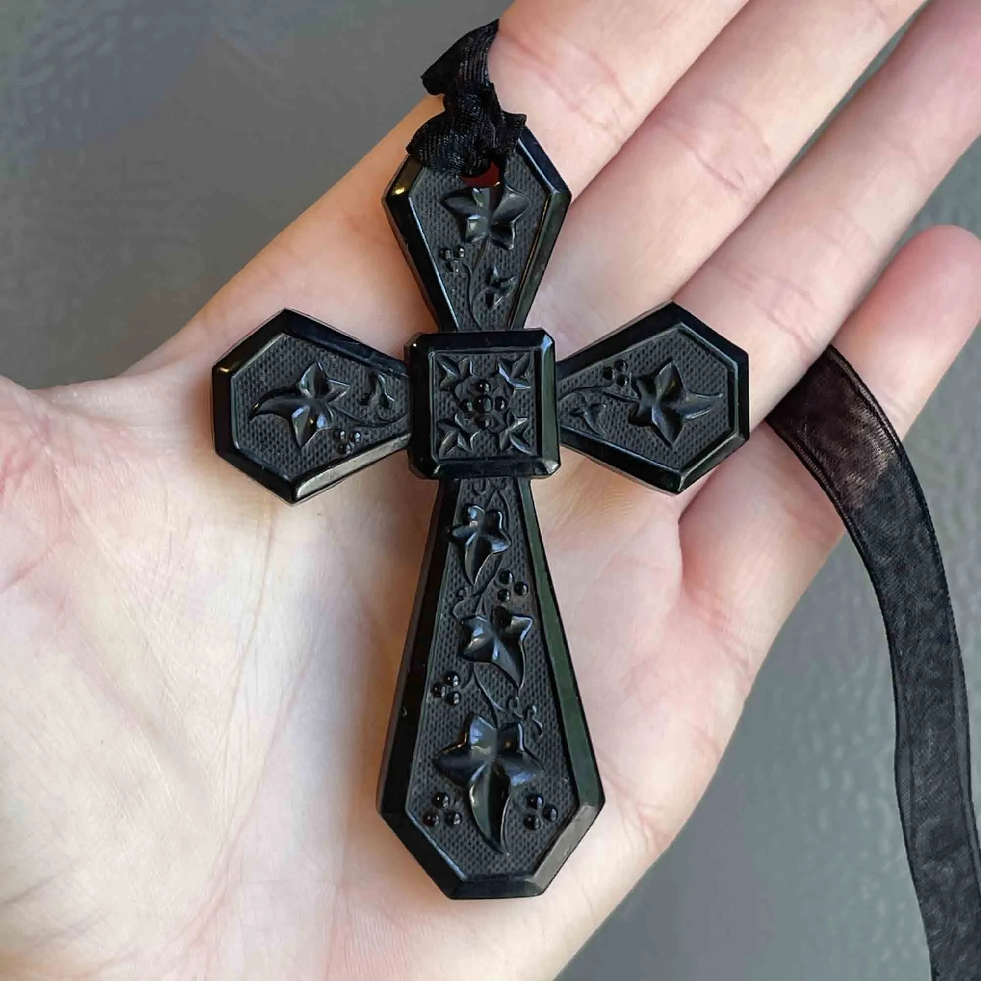 Large Victorian Vulcanite Ivy Leaf Cross Pendant Necklace