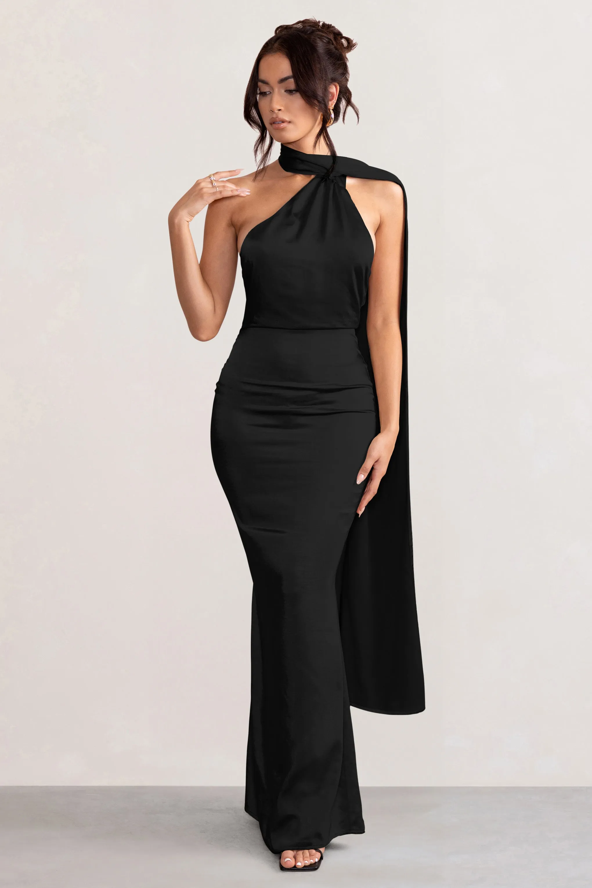 Mademoiselle | Black Satin Asymmetric Scarf Neck Backless Maxi Dress