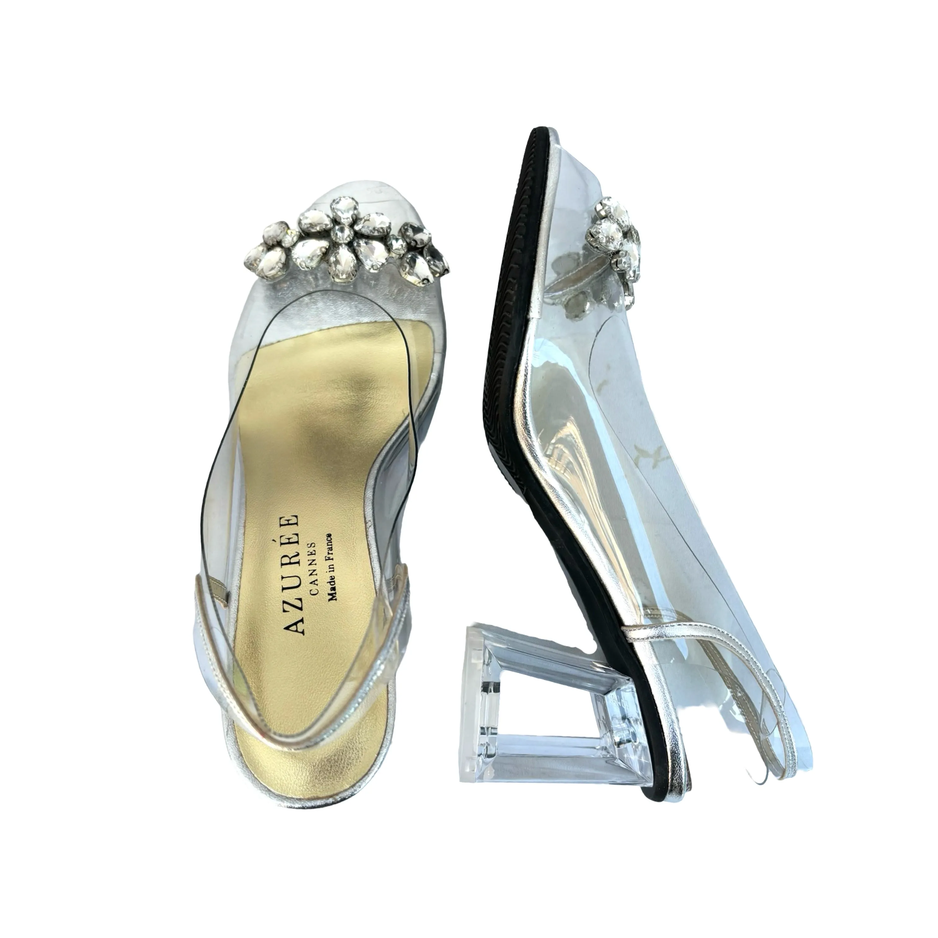 Marcel Lucite/Crystal Motif Block Heel