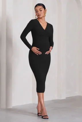 Marcia | Black Bodycon Plunge-Neck Maternity Midi Dress