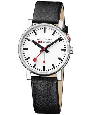 Mondaine Mens EVO Alarm - White Dial and Black Leather Strap - Stainless Case