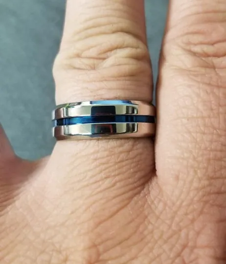 Personalized Men's Thin Blue Line Promise Ring - Engraved Handwriting Ring For Guys