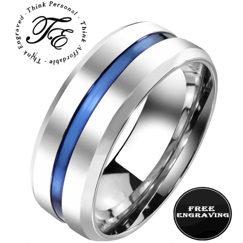 Personalized Men's Thin Blue Line Promise Ring - Engraved Handwriting Ring For Guys