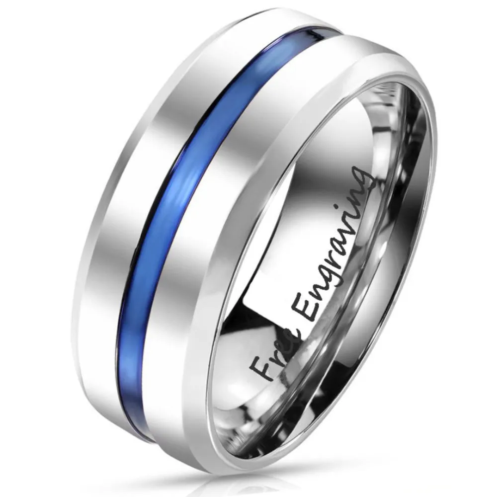 Personalized Men's Thin Blue Line Promise Ring - Engraved Handwriting Ring For Guys