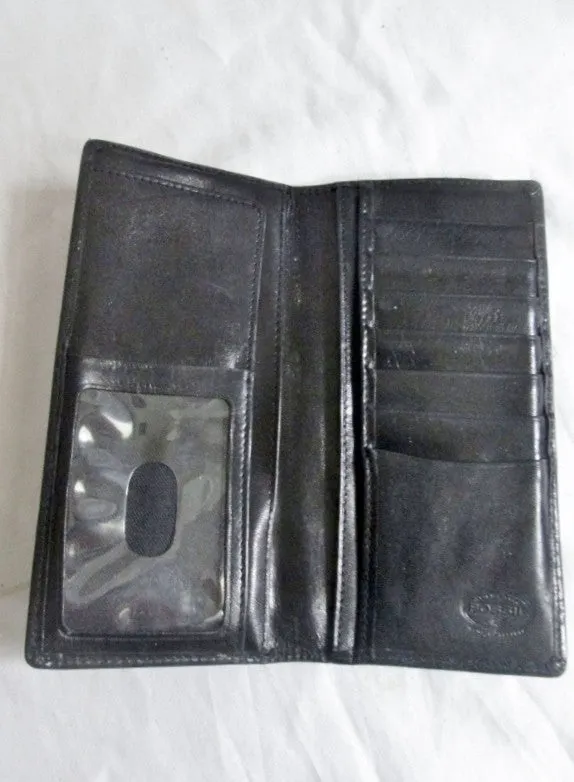 "ABC" FOSSIL LEATHER Bifold Wallet Organizer Billfold BLACK