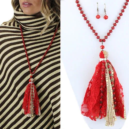 Red crystal necklace with fabric tassel