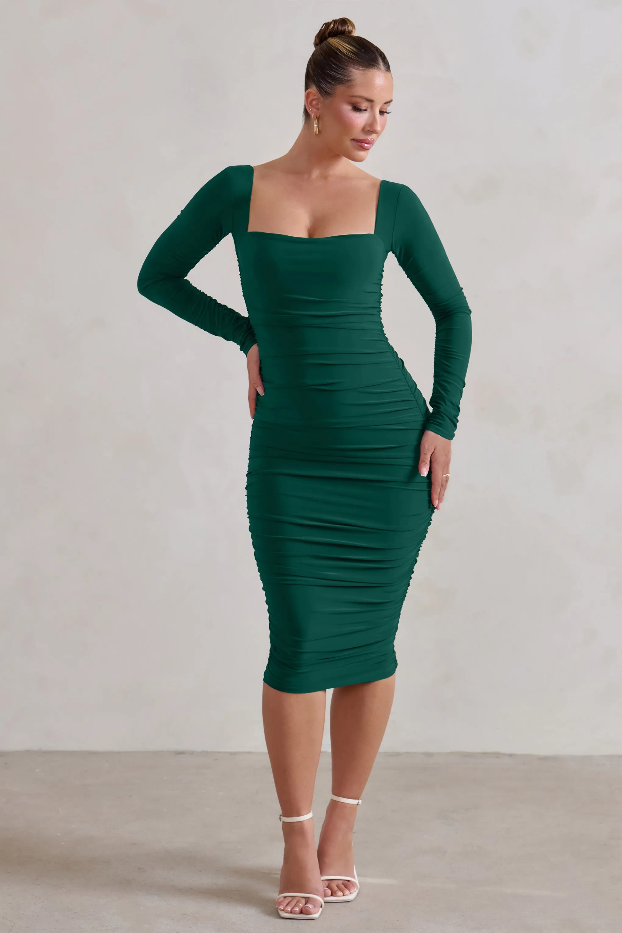 Seductress | Bottle Green Square Neck Bodycon Midi Dress With Long Sleeves