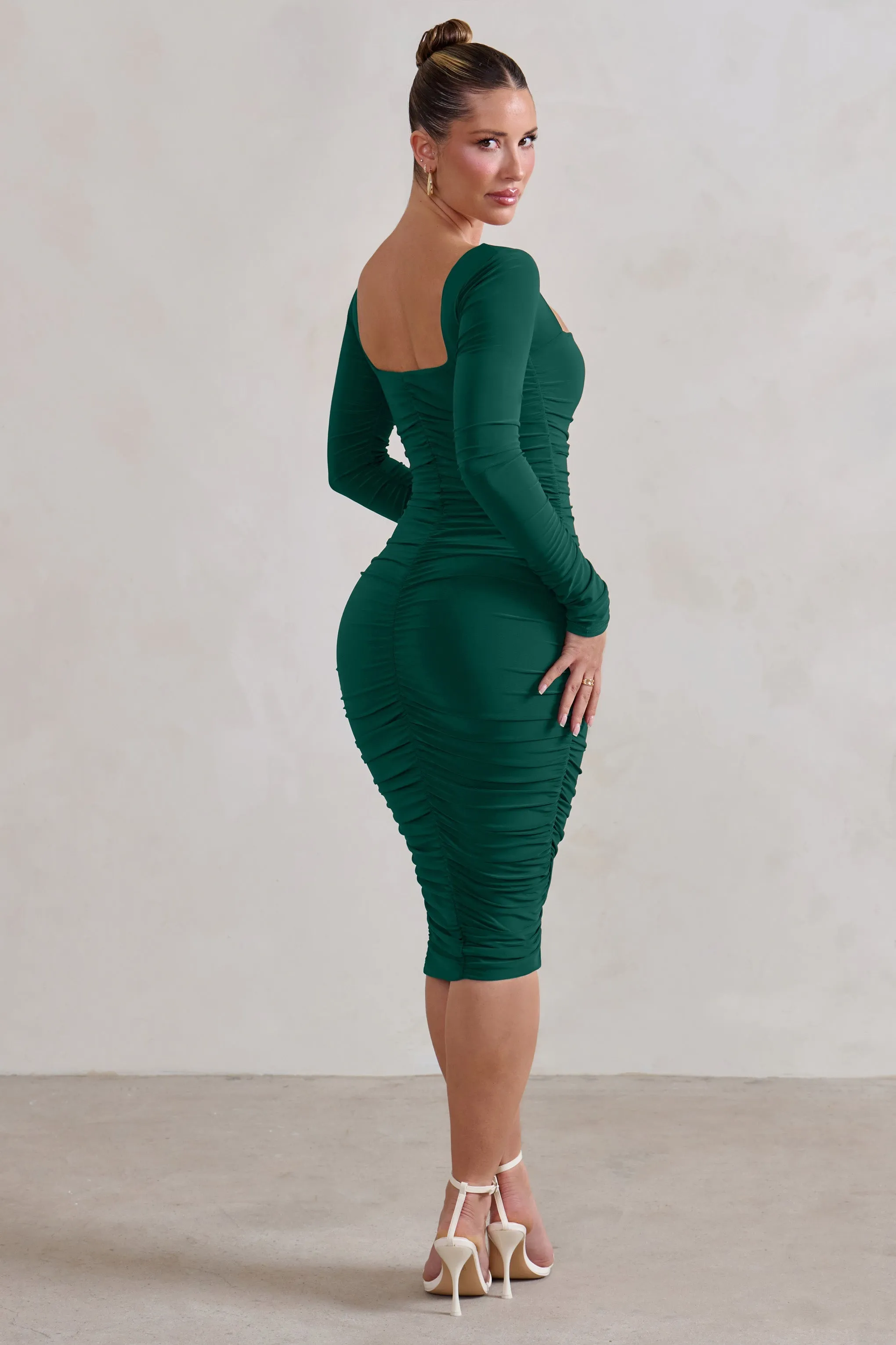 Seductress | Bottle Green Square Neck Bodycon Midi Dress With Long Sleeves