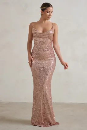 Seeing Stars | Champagne Cowl Cami Sequin Maxi Dress With Waist Tie