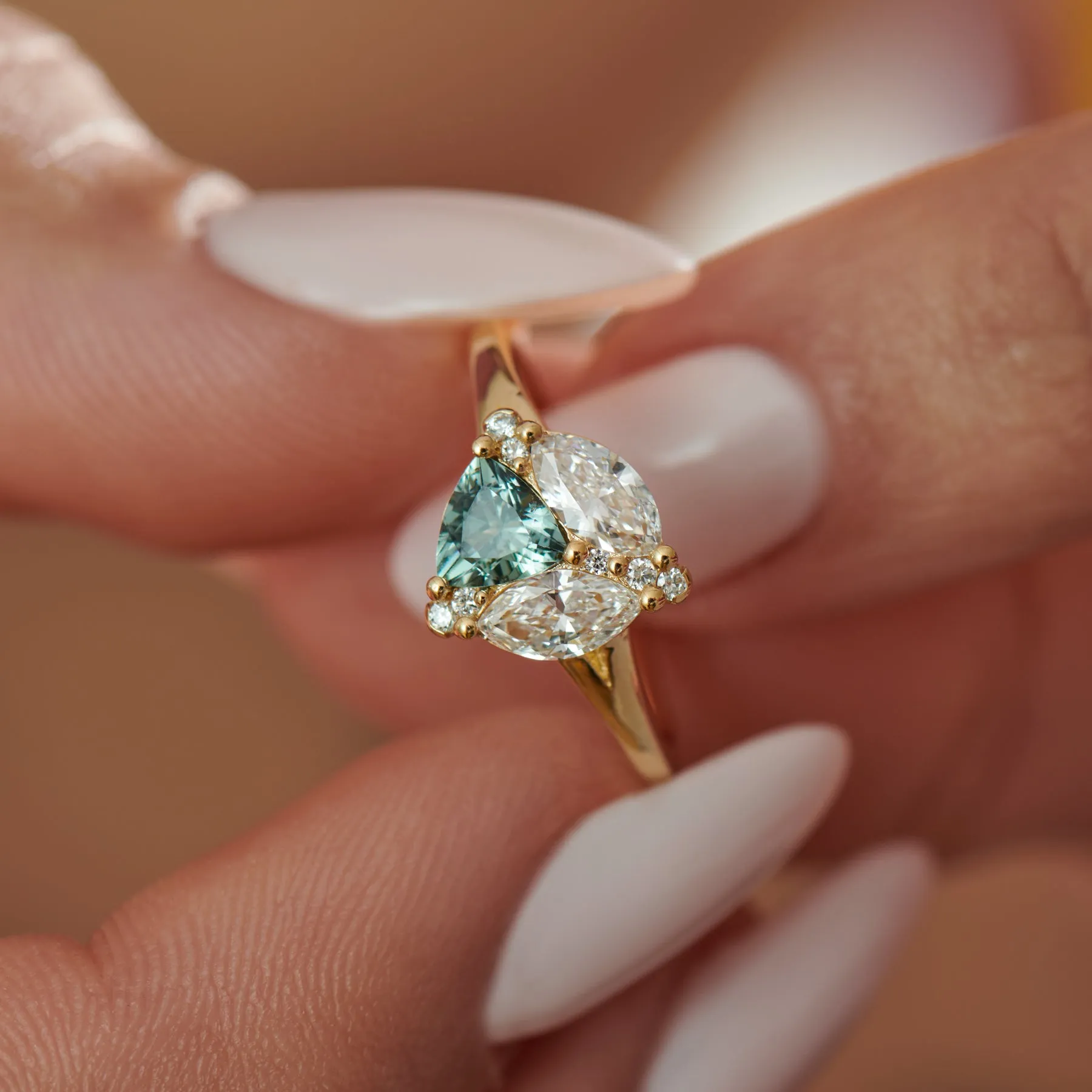 Serene Trillion Teal Sapphire and Marquise Diamond Engagement Ring