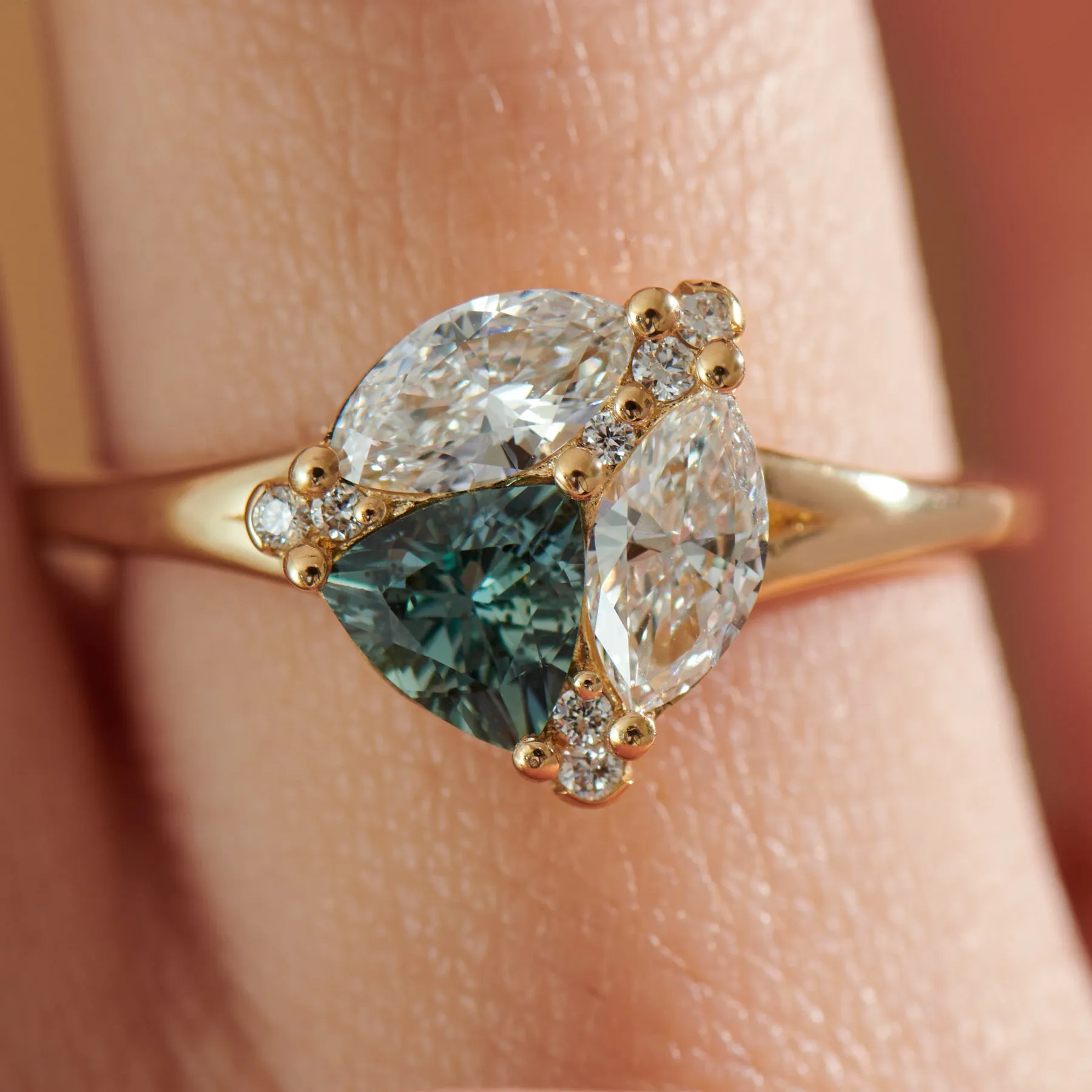 Serene Trillion Teal Sapphire and Marquise Diamond Engagement Ring