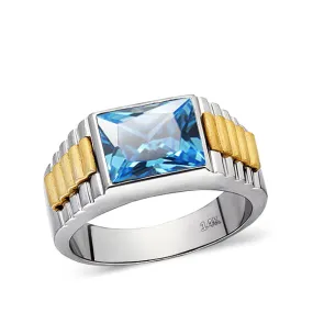 Solid Fine 14k White Gold Classic Ring for Men with Blue Topaz Gemstone