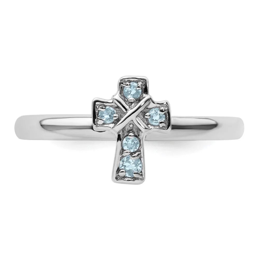 Stackable Expressions Rhodium Aquamarine Cross Ring in Sterling Silver