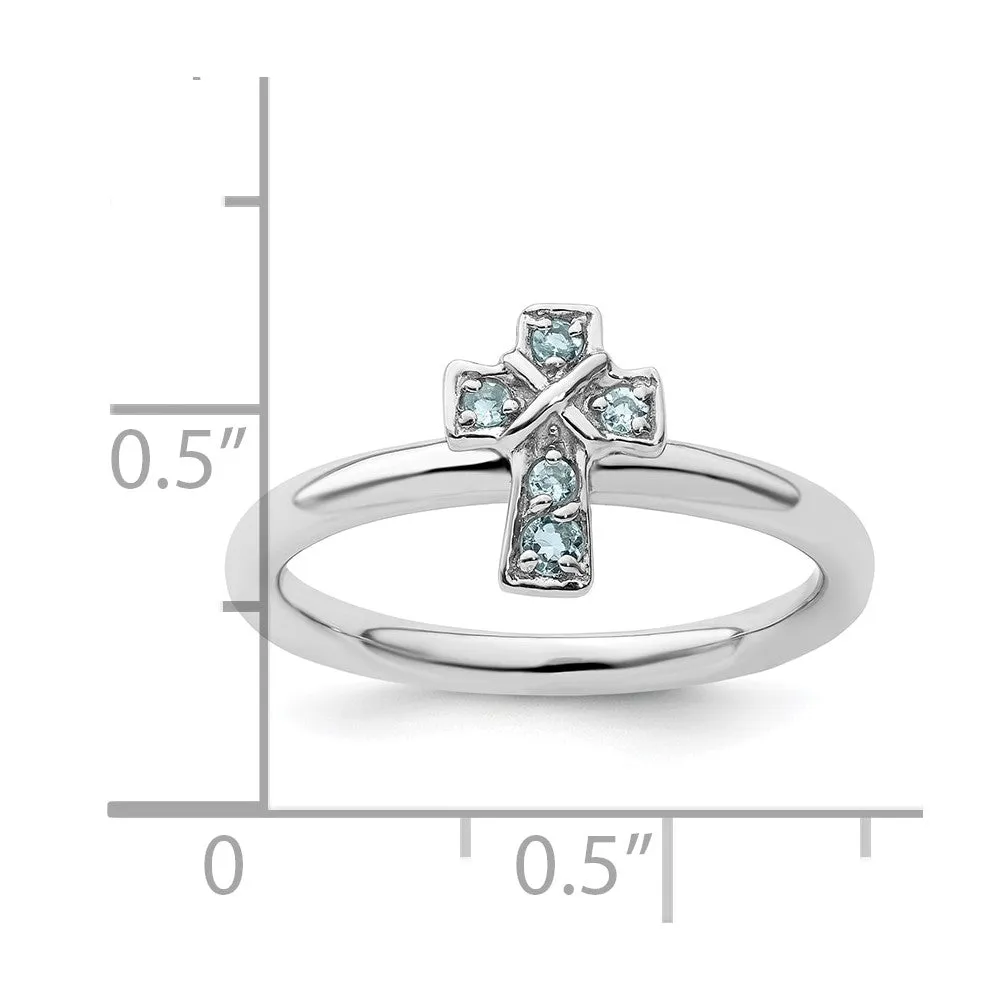 Stackable Expressions Rhodium Aquamarine Cross Ring in Sterling Silver