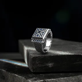 Stylish & Unique Design Square Silver Men's Ring with Blue Zircon Stones