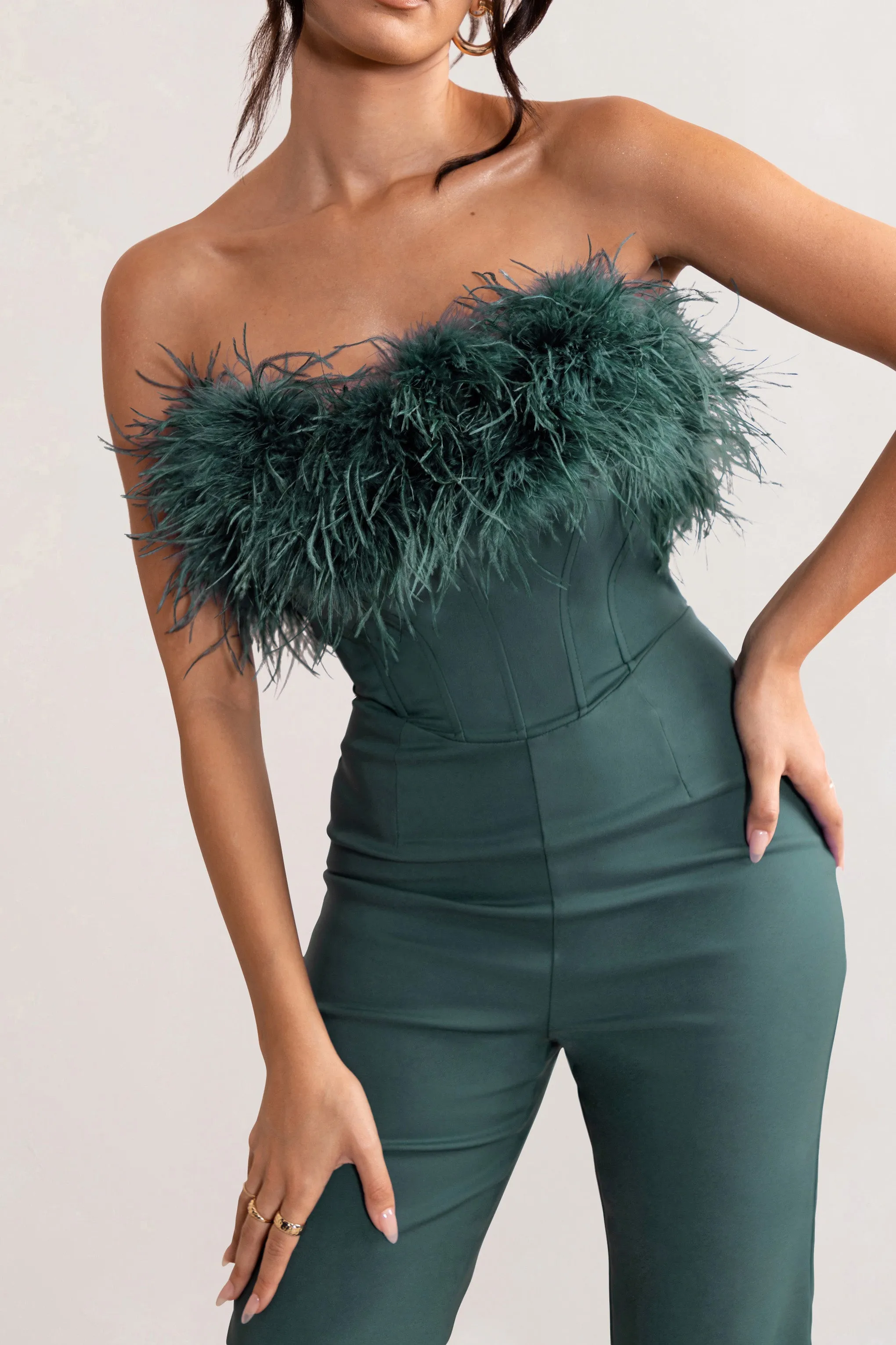 Tessa | Bottle Green Shaped Neckline Corset Jumpsuit With Feather Trim Detail