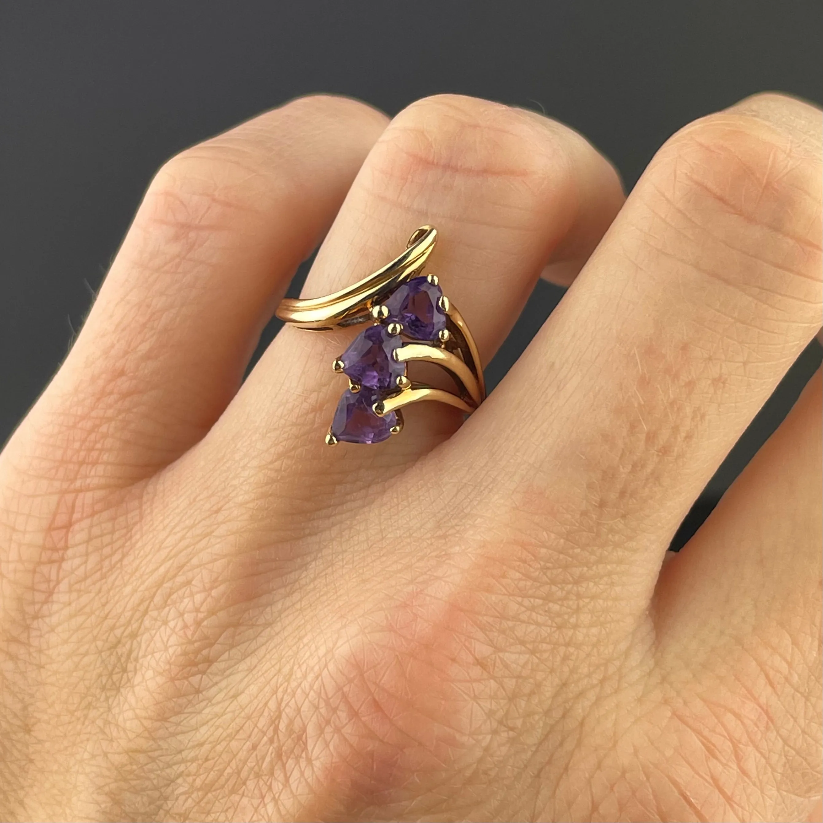 Vintage 10K Gold Amethyst Bypass Ring, Sz 5.25