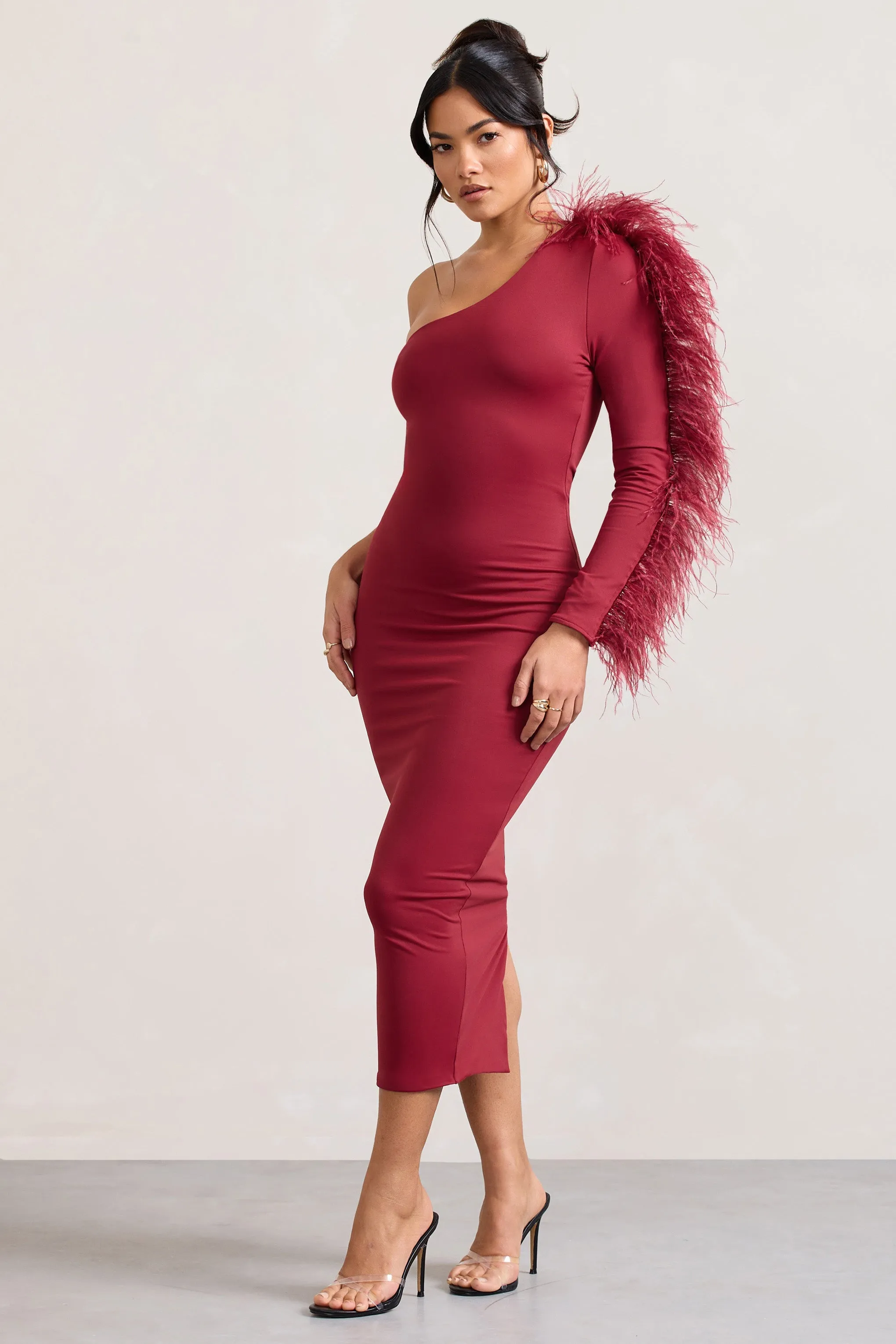 Wild One | Burgundy One-Shoulder Bodycon Midi Dress With Feather-Trimmed Sleeve